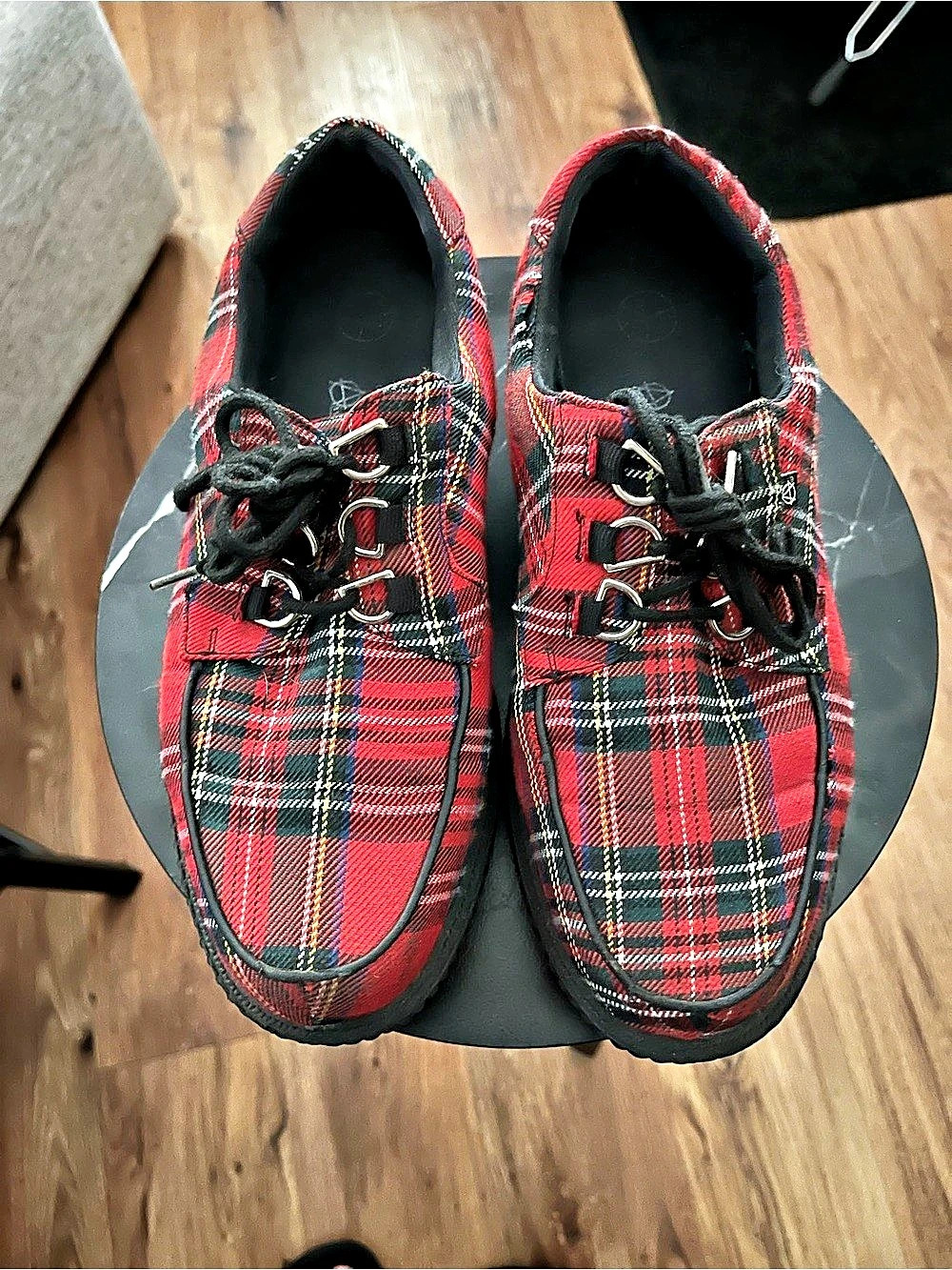 T.U.K. Anarchic Red Tartan Creepers. Plaid Sneakers Red & Black
